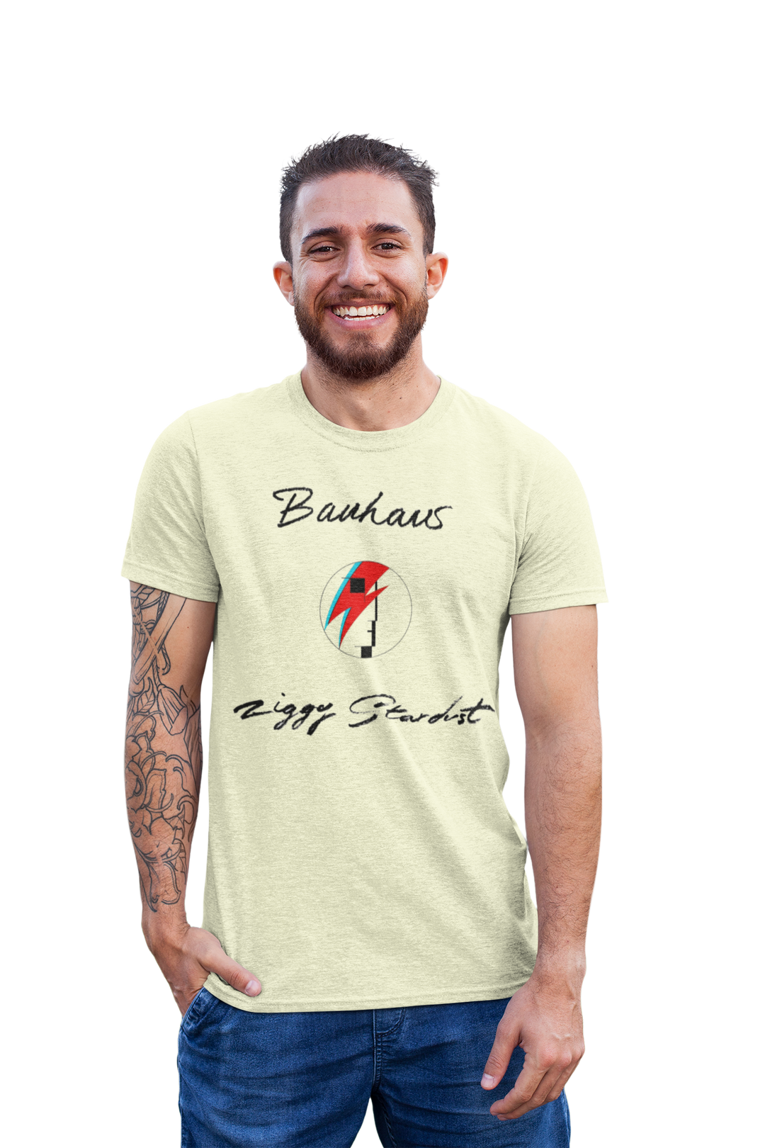 **We have a very limited supply of this t-shirt, and once sold out we are unable to get new stock as it has been discontinued**
English gothic rock band Bauhaus recorded a version of "Ziggy Stardust" as their eighth single. The band idolised Bowie, with drummer Kevin Haskins recalling in his book Bauhaus Undead: The Visual History and Legacy of Bauhaus their first time meeting the late singer-songwriter while on the set of the 1983 gothic horror film The Hunger, in which Bowie starred.