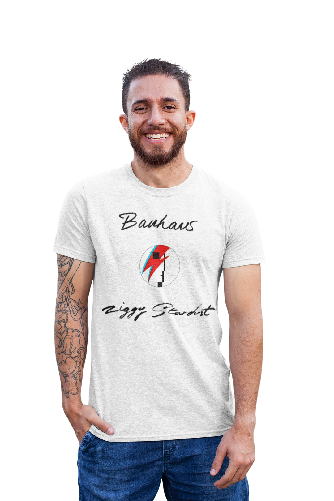 **We have a very limited supply of this t-shirt, and once sold out we are unable to get new stock as it has been discontinued**
English gothic rock band Bauhaus recorded a version of "Ziggy Stardust" as their eighth single. The band idolised Bowie, with drummer Kevin Haskins recalling in his book Bauhaus Undead: The Visual History and Legacy of Bauhaus their first time meeting the late singer-songwriter while on the set of the 1983 gothic horror film The Hunger, in which Bowie starred.