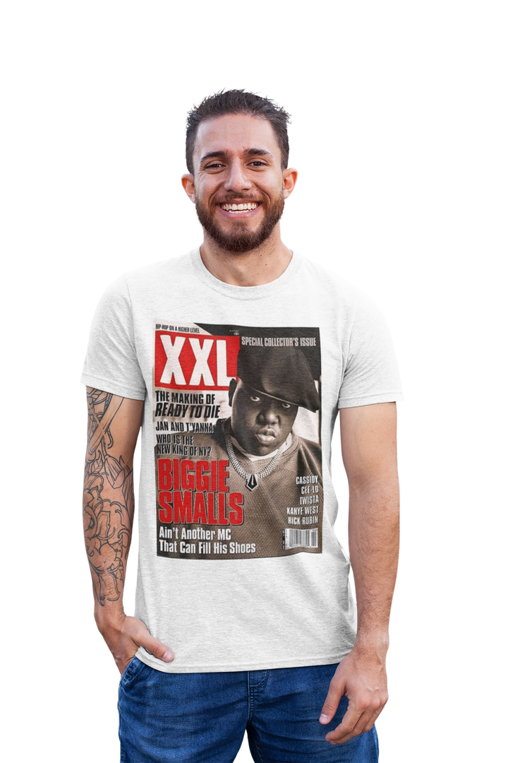 The Notorious B.I.G Biggie Smalls Rap Magazine Cover T-Shirt - The Notorious B.I.G., born Christopher Wallace, was a seminal figure in the 1990s hip-hop scene. Known for his deep, resonant voice and lyrical prowess, Biggie's storytelling skills vividly depicted the challenges and triumphs of urban life. His debut album, "Ready to Die," is hailed as a classic, showcasing hits like "Juicy" and "Big Poppa." Biggie's influence endures, cementing his legacy as one of the greatest rappers in history.