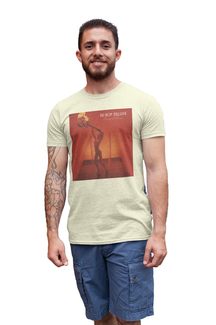 Be-Bop Deluxe Bill Nelson Sunburst Finish T-shirt - An album of immense musical inventiveness and creativity, ‘Sunburst Finish’ was one of the finest albums of its era, a perfect cohesion of ten classic songs written by Nelson. Including such classic tracks as ‘Heavenly Homes’, ‘Crying To The Sky’, ‘Sleep That Burns’, ‘Life In The Air Age’, and ‘Blazing Apostles’, the album also spawned the hit single ‘Ships In The Night’ and launched Be-Bop Deluxe as one of the major breakthrough acts of 1976.