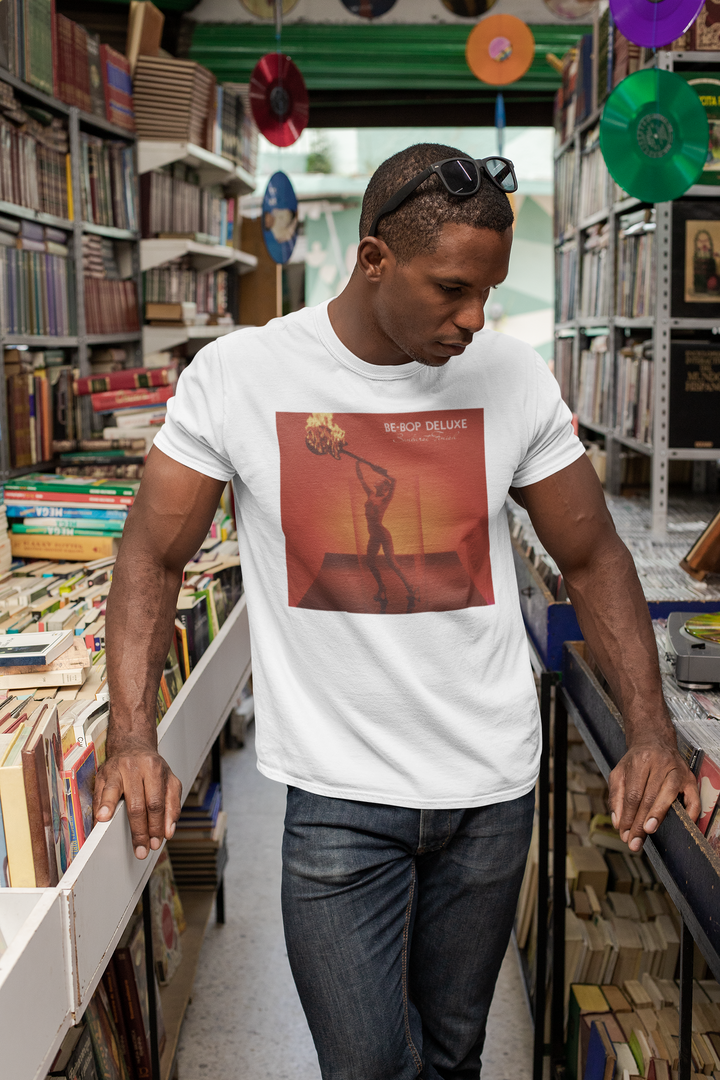 Be-Bop Deluxe Bill Nelson Sunburst Finish T-shirt - An album of immense musical inventiveness and creativity, ‘Sunburst Finish’ was one of the finest albums of its era, a perfect cohesion of ten classic songs written by Nelson. Including such classic tracks as ‘Heavenly Homes’, ‘Crying To The Sky’, ‘Sleep That Burns’, ‘Life In The Air Age’, and ‘Blazing Apostles’, the album also spawned the hit single ‘Ships In The Night’ and launched Be-Bop Deluxe as one of the major breakthrough acts of 1976.