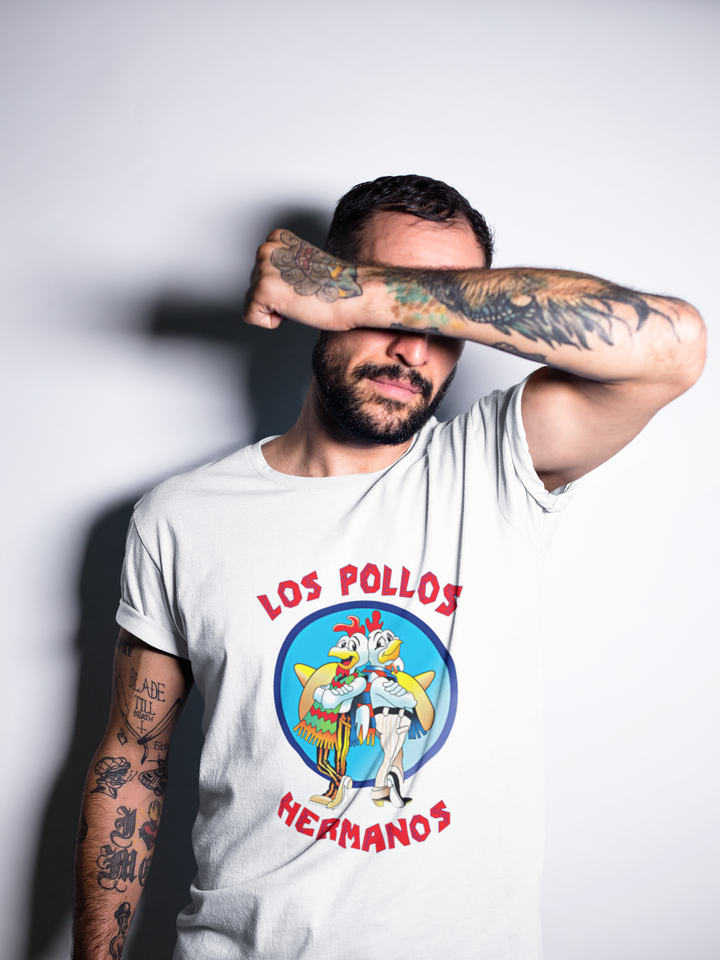 Show your love for the infamous drug empire duo Walter White and Jesse Pinkman with this Breaking Bad Los Pollos Hermanos tee! This shirt is the perfect gift for fans who know there was more than delicious chicken being cooked-up in Gus's restaurants.