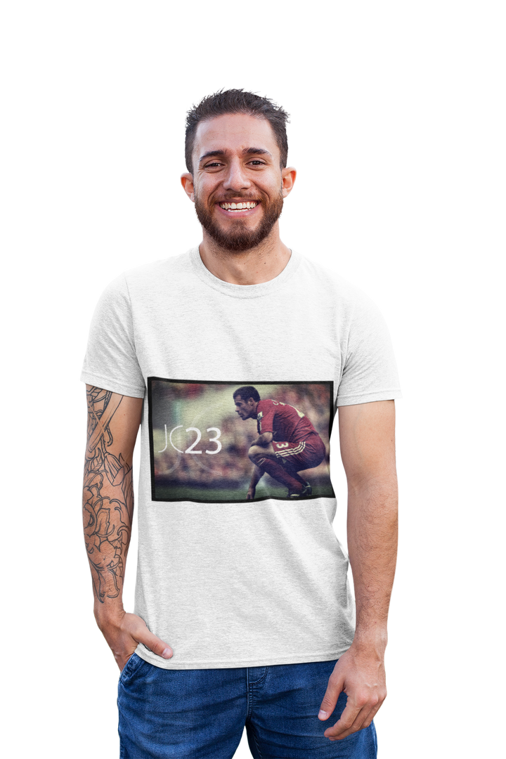 Jamie Carragher JC23 Liverpool Football Club inspired T-shirt with unique photo of Jamie on the pitch at Anfield with the KOP in the background.
