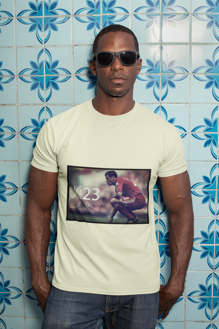 Jamie Carragher JC23 Liverpool Football Club inspired T-shirt with unique photo of Jamie on the pitch at Anfield with the KOP in the background.